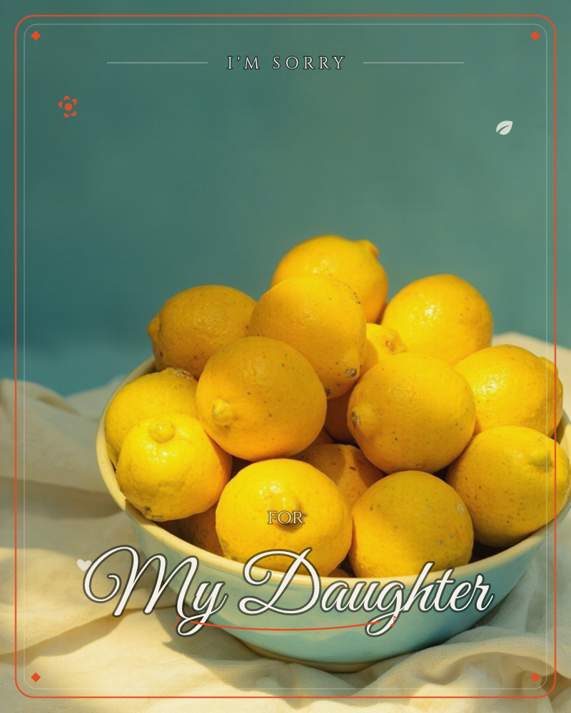 A white ceramic bowl piled high with bright yellow lemons sits on a soft cream cloth against a slate-blue backdrop, a sorry e-card design
