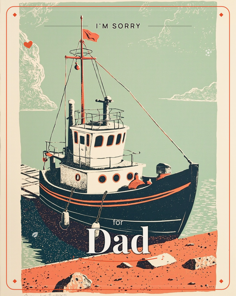 A sturdy little tugboat rests near a wooden jetty, its navy hull and white wheelhouse trimmed with coral-red stripes and round portholes, a sorry e-card design