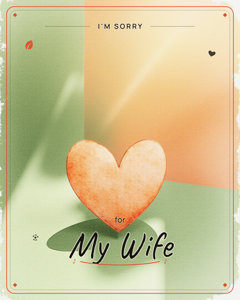 A single peach-orange heart with a mottled, papery texture stands upright in a softly lit corner, where a sage-green wall meets a warm apricot backdrop, a sorry e-card design