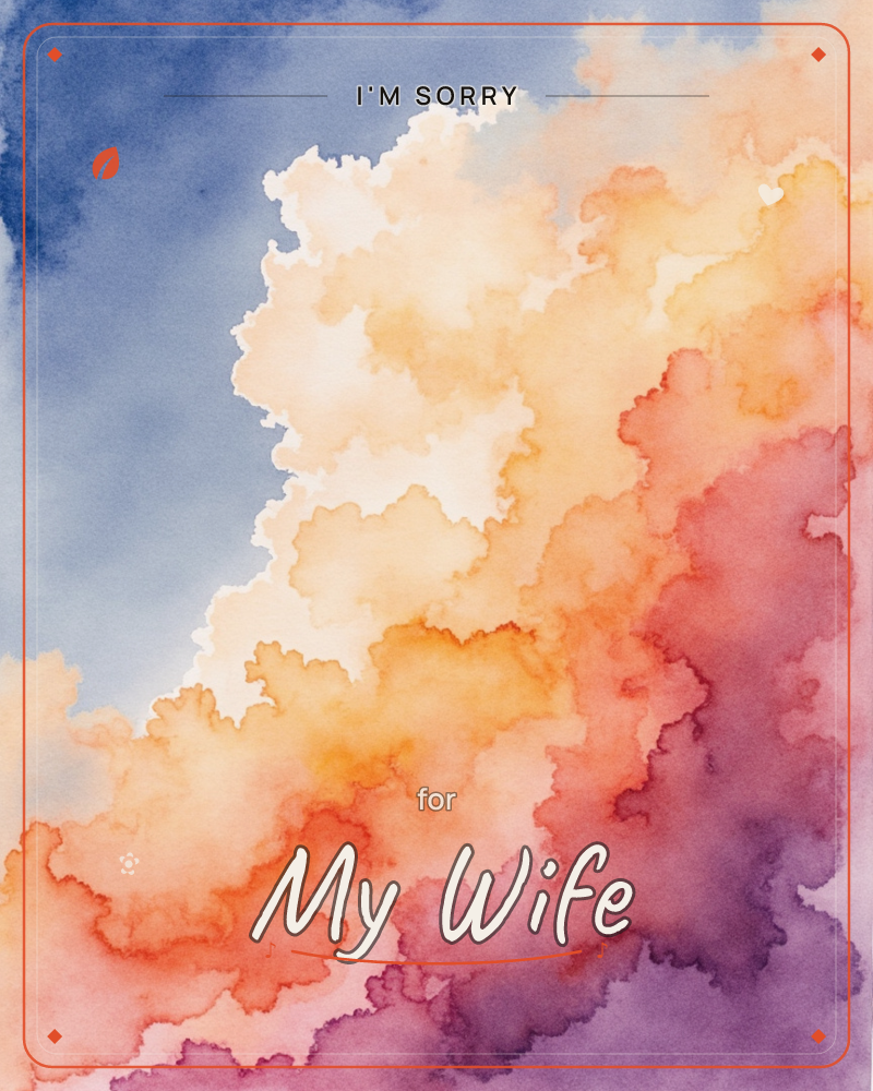 A watercolour sky fills the whole card, a billowing cloud lit gold and cream at its heart, edges bleeding into coral, rose and deep violet against a…, a sorry e-card design