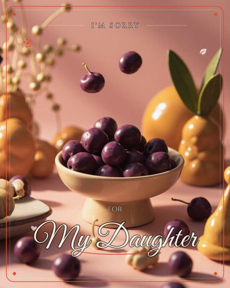 A footed ceramic bowl brims with glossy dark purple berries, scattered across a soft pink tabletop with mustard-yellow gourd-shaped vases and dried…, a sorry e-card design