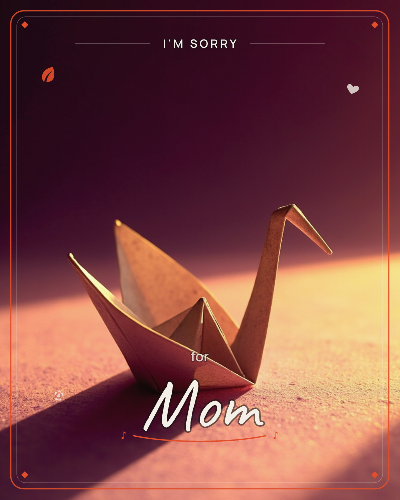 A single paper origami crane sits on a dusty rose surface, lit by a warm golden light that rakes across it from one side and casts a long, sharp shadow, a sorry e-card design