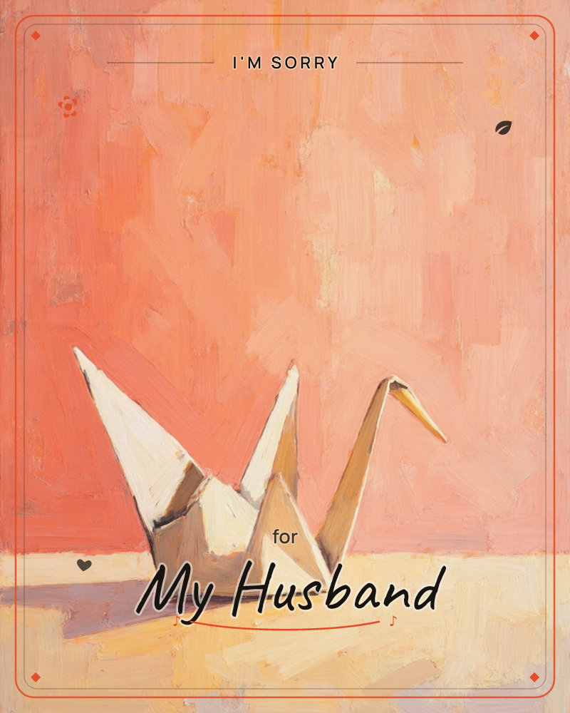 A single white paper crane sits folded and still on a pale golden surface, set against a broad coral-pink wall rendered in loose, visible brushstrokes, a sorry e-card design