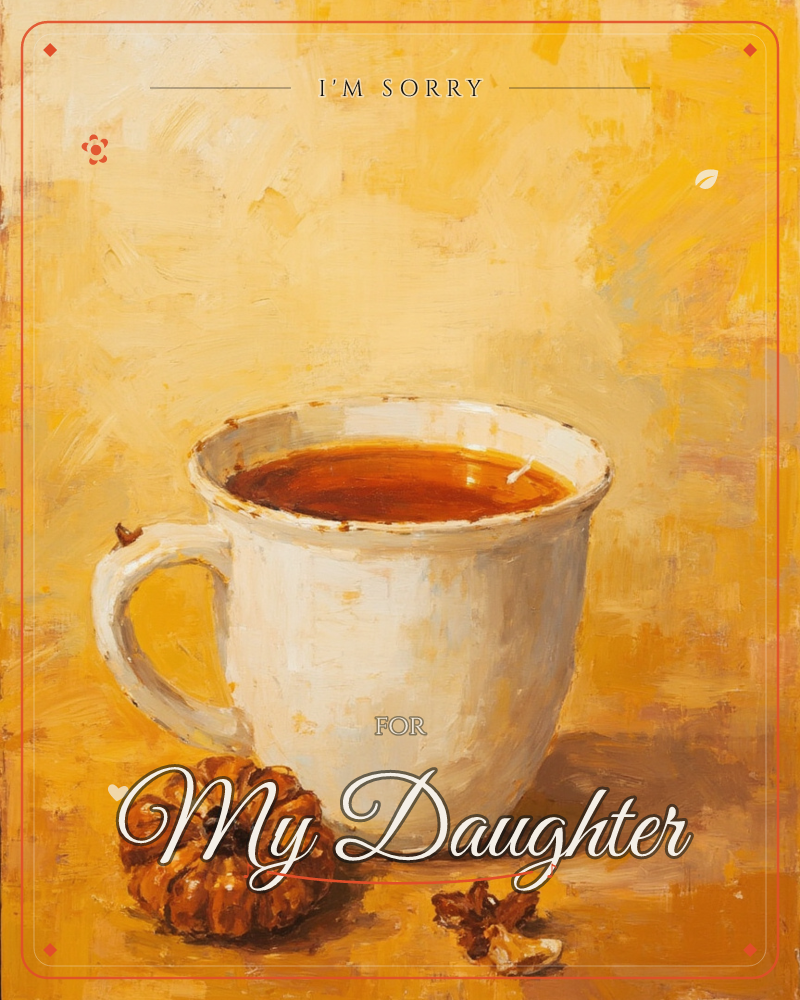 A white ceramic mug filled with dark amber tea sits against a warm golden-yellow background, painted in loose, textured brushstrokes, a sorry e-card design