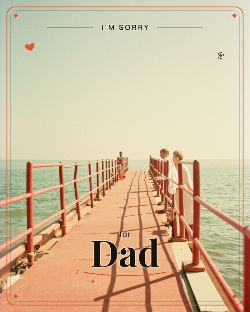 A long red-railed pier stretches out over pale, still water under a hazy summer sky, its metal bars casting long diagonal shadows across the…, a sorry e-card design