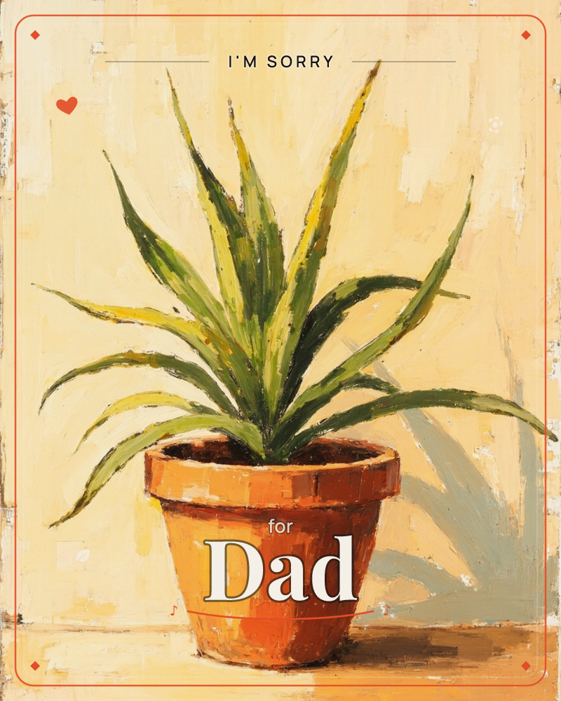 A spiky agave plant sits in a terracotta pot against a warm mustard-yellow wall, its long striped leaves fanning out in thick, textured brushstrokes, a sorry e-card design