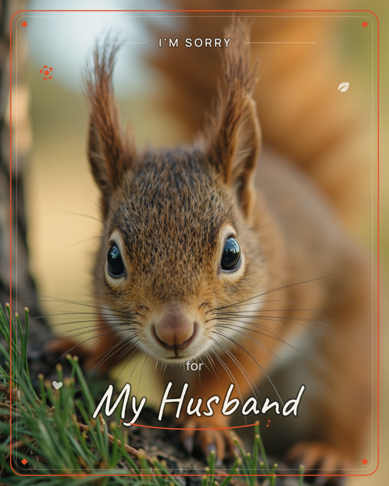 A red squirrel peers straight into the camera from a mossy branch, its tufted ears and long whiskers caught in soft golden light, a sorry e-card design