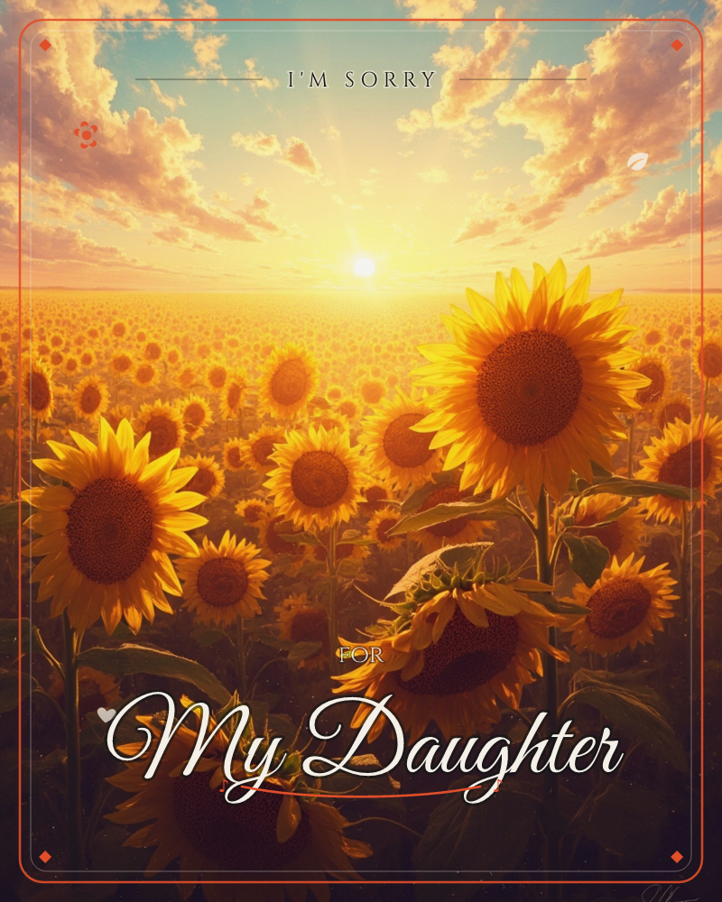A vast field of sunflowers stretches to the horizon under a glowing sunset sky, a sorry e-card design