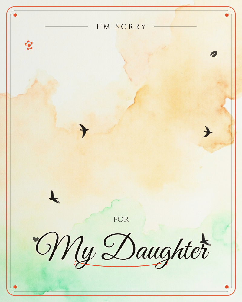 A soft watercolour wash fills the page, apricot and gold clouds bleeding into a pale mint horizon below, a sorry e-card design