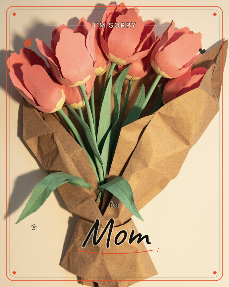 A bouquet of coral-pink tulips crafted from folded paper stands wrapped in crinkled brown kraft paper, its creases catching sharp light and shadow…, a sorry e-card design