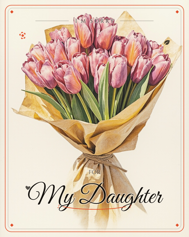 A generous bunch of pink and coral tulips stands wrapped in crinkled kraft paper, tied with plain twine at the stem, a sorry e-card design