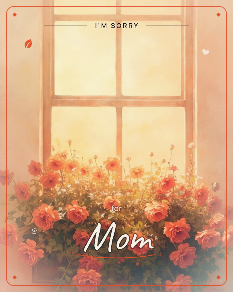 A sun-washed cottage window glows with warm golden light behind its wooden panes, while a window box beneath overflows with coral and orange roses…, a sorry e-card design