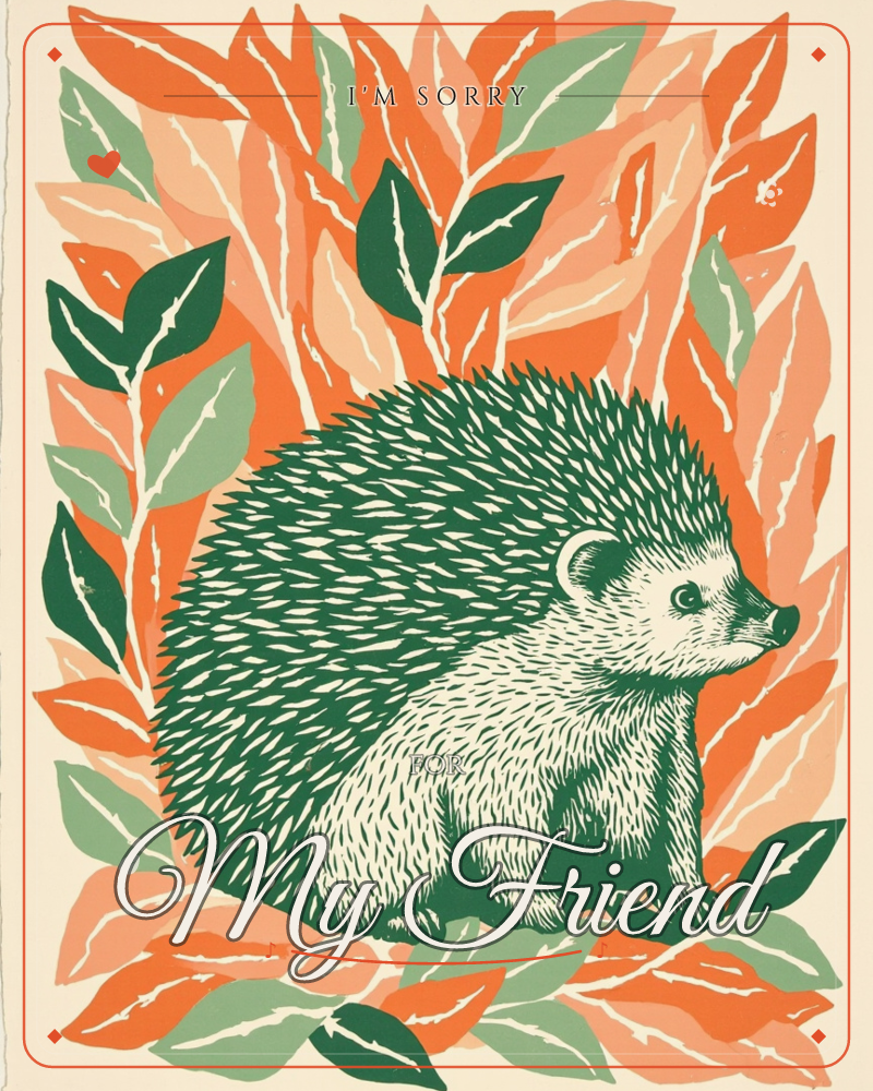 A round-backed hedgehog sits front and centre, its dark green spines rendered in bold linocut strokes against a dense thicket of autumn leaves in burnt…, a sorry e-card design