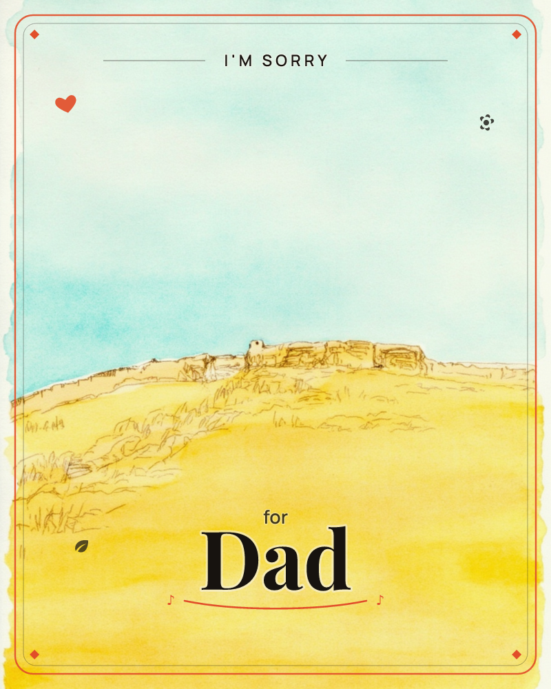 A rolling golden hillside rises toward a rocky outcrop sketched in fine ink lines along the ridge, with tufts of wild grass scattered across the slope, a sorry e-card design