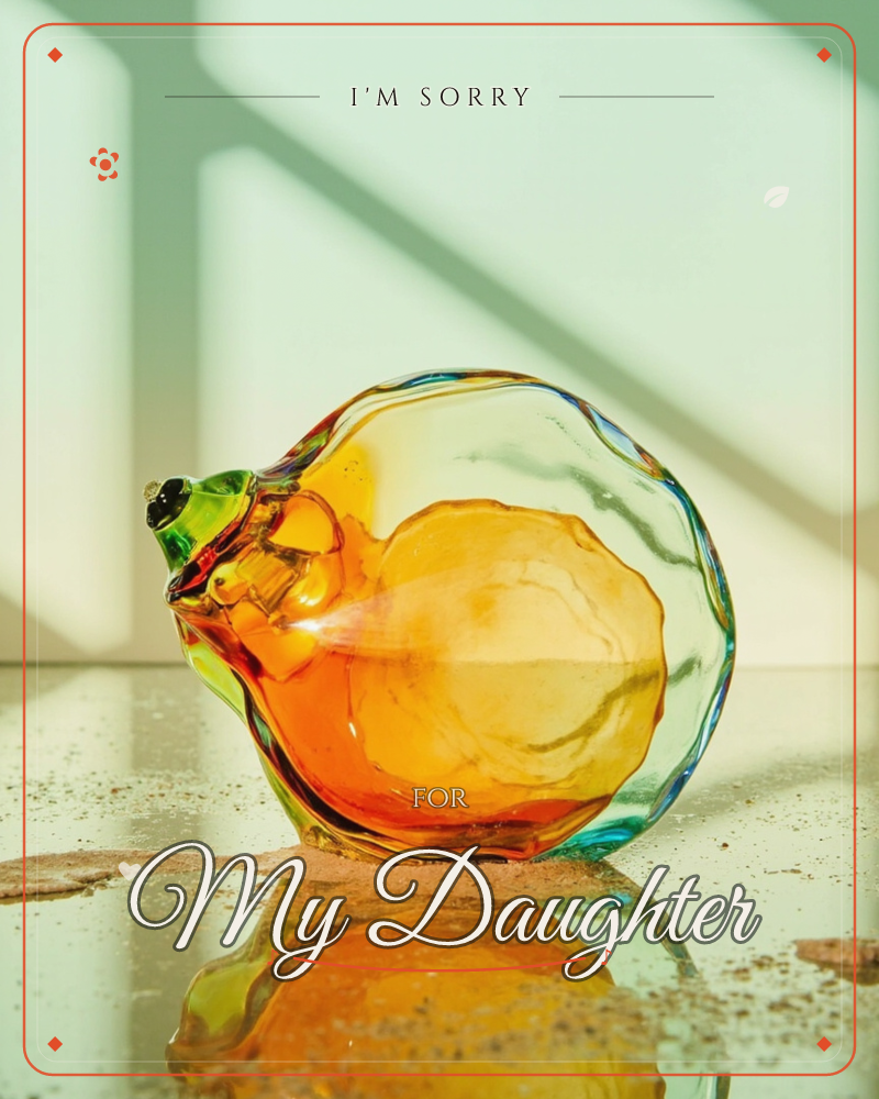 A handblown glass vessel, round and slightly flattened like a squashed pumpkin, catches low sunlight on a reflective surface, a sorry e-card design