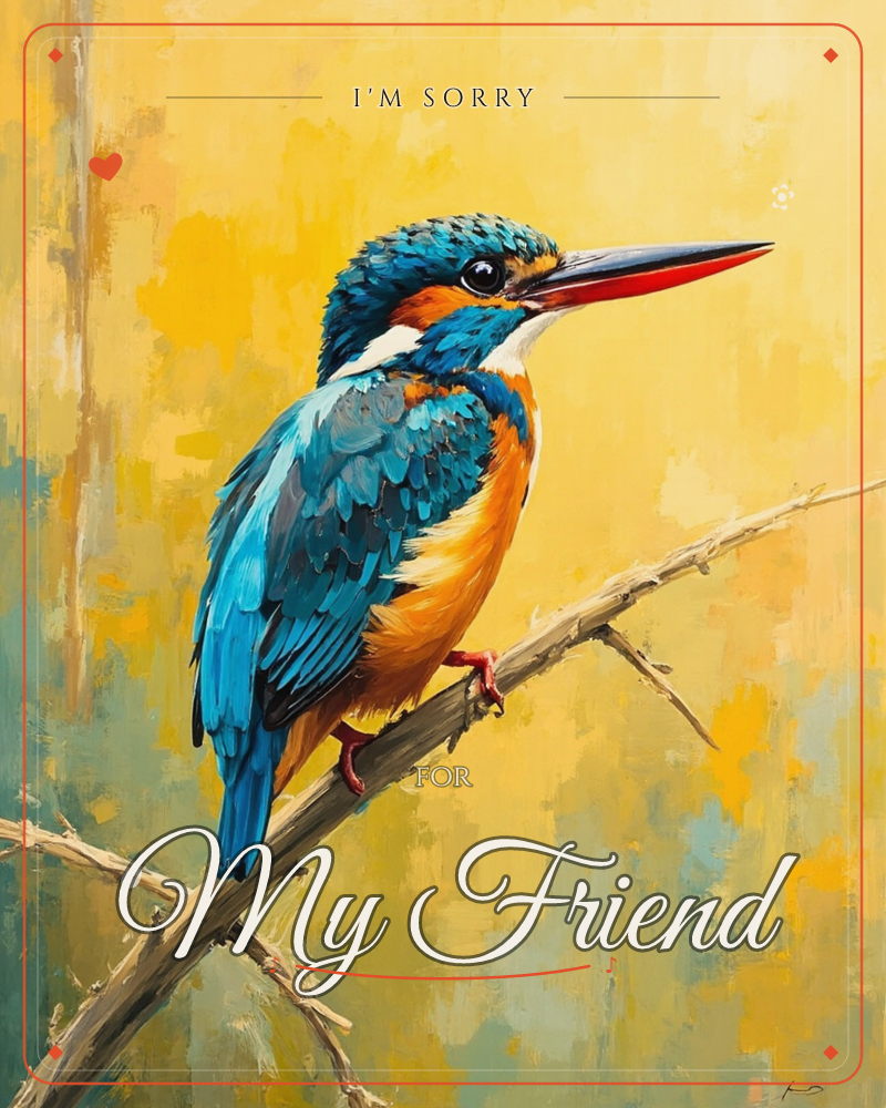 A kingfisher perches on a crossed pair of bare twigs, its turquoise crown and back glinting against a warm mustard-yellow backdrop streaked with loose…, a sorry e-card design