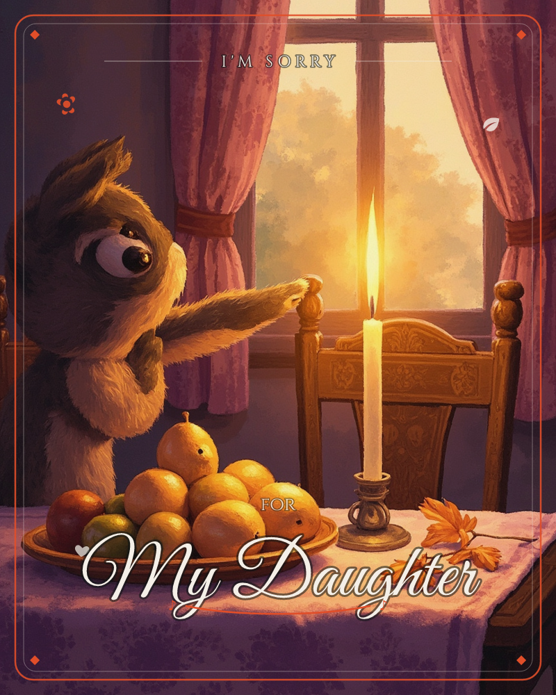 A wide-eyed, shaggy toy-like creature reaches toward a tall lit candle standing on a wooden dining chair, beside a table piled with oranges, apples…, a sorry e-card design