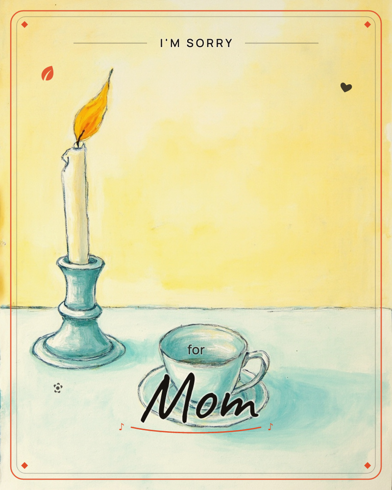 A single white candle burns in a pale blue holder beside a matching teacup and saucer, set on a soft aqua tabletop against a warm yellow wall, a sorry e-card design