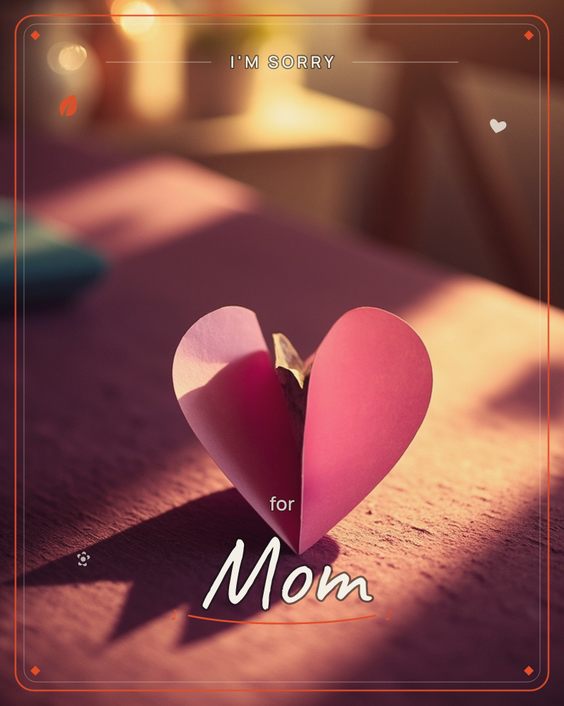 A small folded paper heart stands upright on a textured pink tabletop, lit by warm golden sunlight streaming in from one side, a sorry e-card design