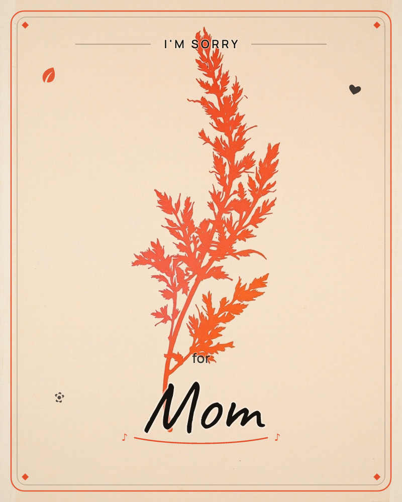 A single feathery stem in bright orange-red sits centred on a cream background, its fine serrated leaflets fanning up and outward like a frond of fern…, a sorry e-card design