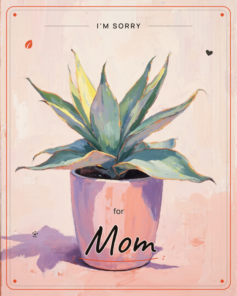 A potted agave plant sits in a pink-glazed pot against a soft blush background, its spiky variegated leaves striped in sage green, gold, and cream, a sorry e-card design
