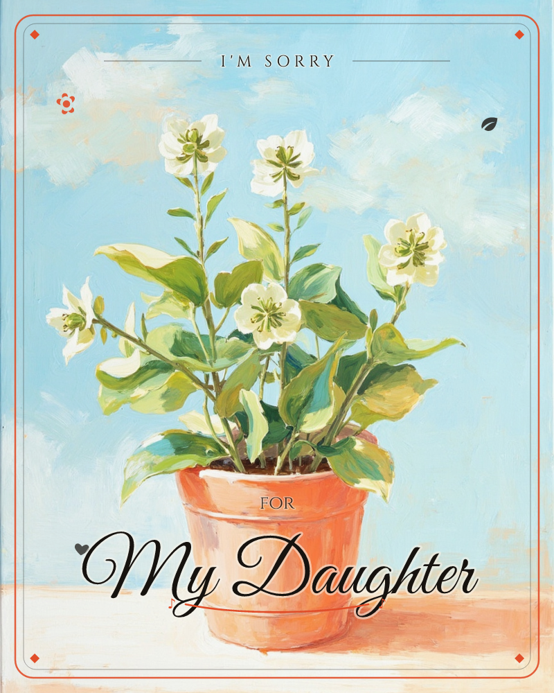 A terracotta pot holds a flowering hellebore plant, its white blossoms and green foliage set against a pale sky-blue background streaked with soft clouds, a sorry e-card design