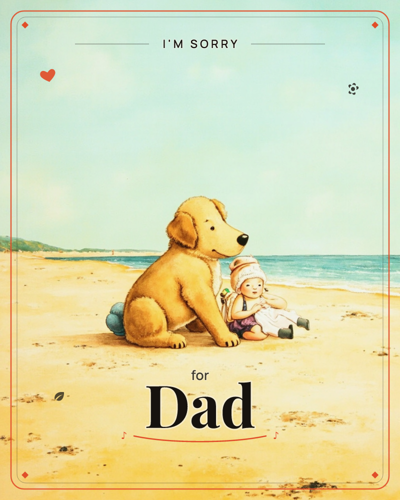 A large golden retriever sits on a sandy beach with a small child leaning against its side, both facing the calm sea under a pale blue sky, a sorry e-card design