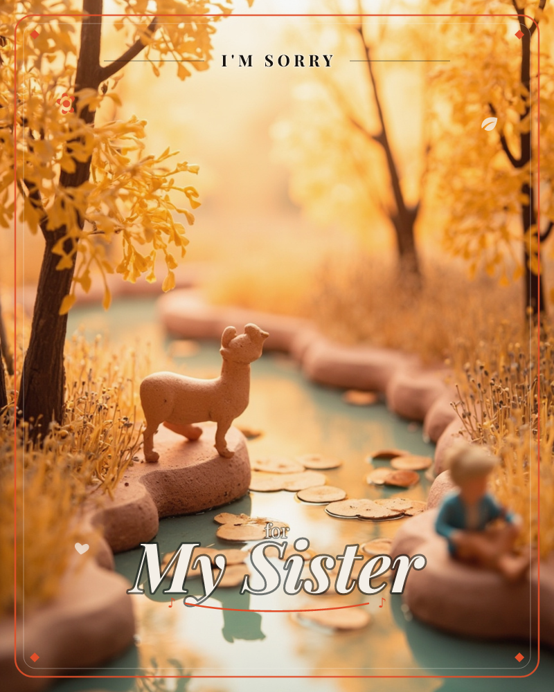 A miniature clay diorama shows a small ram figure standing beside a winding teal stream scattered with coin-like leaves, golden trees glowing overhead…, a sorry e-card design