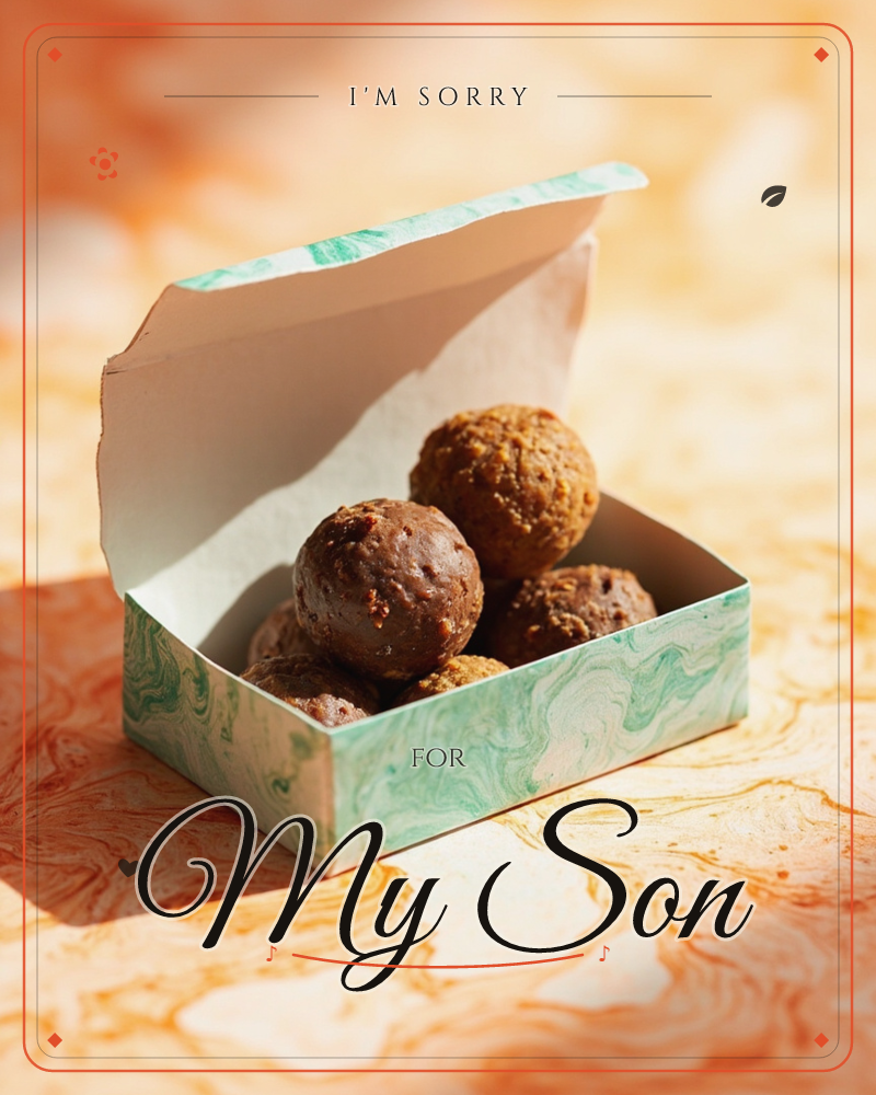 A small marbled paper box in swirling green and cream sits open on a marbled orange-and-gold surface, revealing a handful of chocolate truffles dusted…, a sorry e-card design
