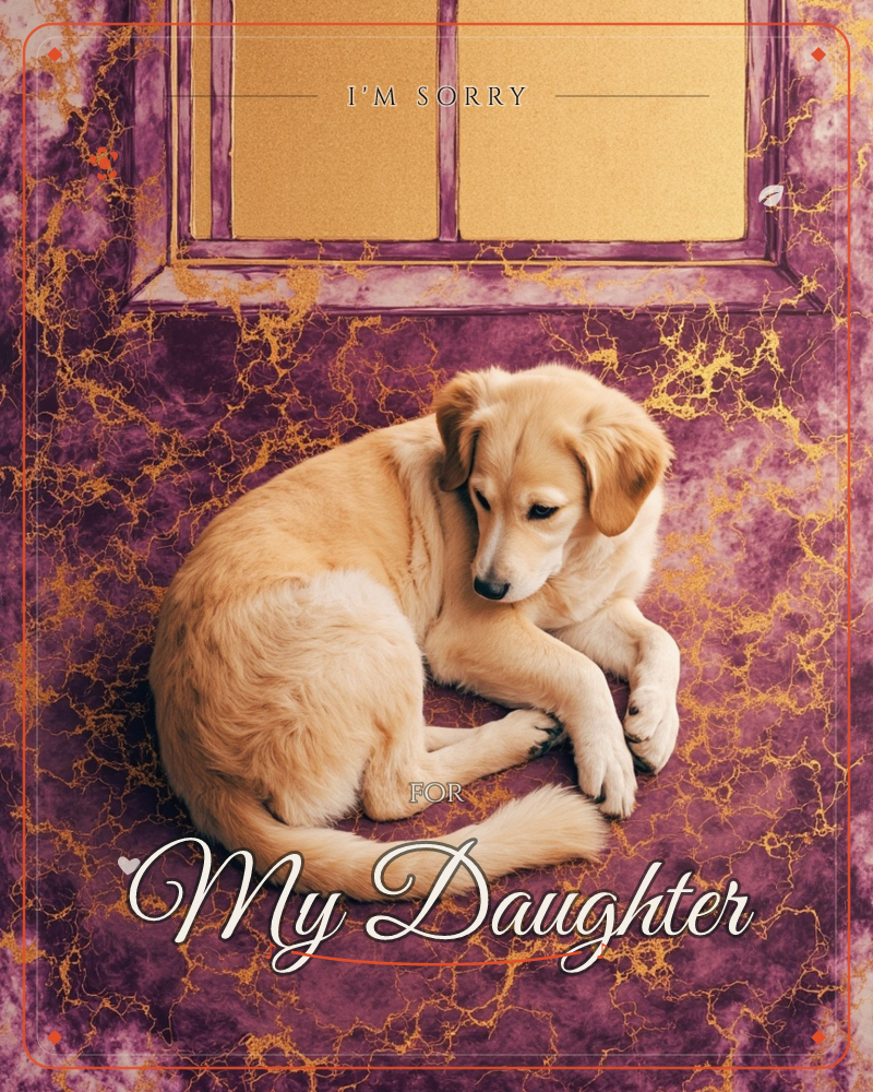 A golden-coated puppy curls into a neat circle on a richly veined purple-and-gold marbled floor, beneath a matching marbled window frame glowing amber, a sorry e-card design