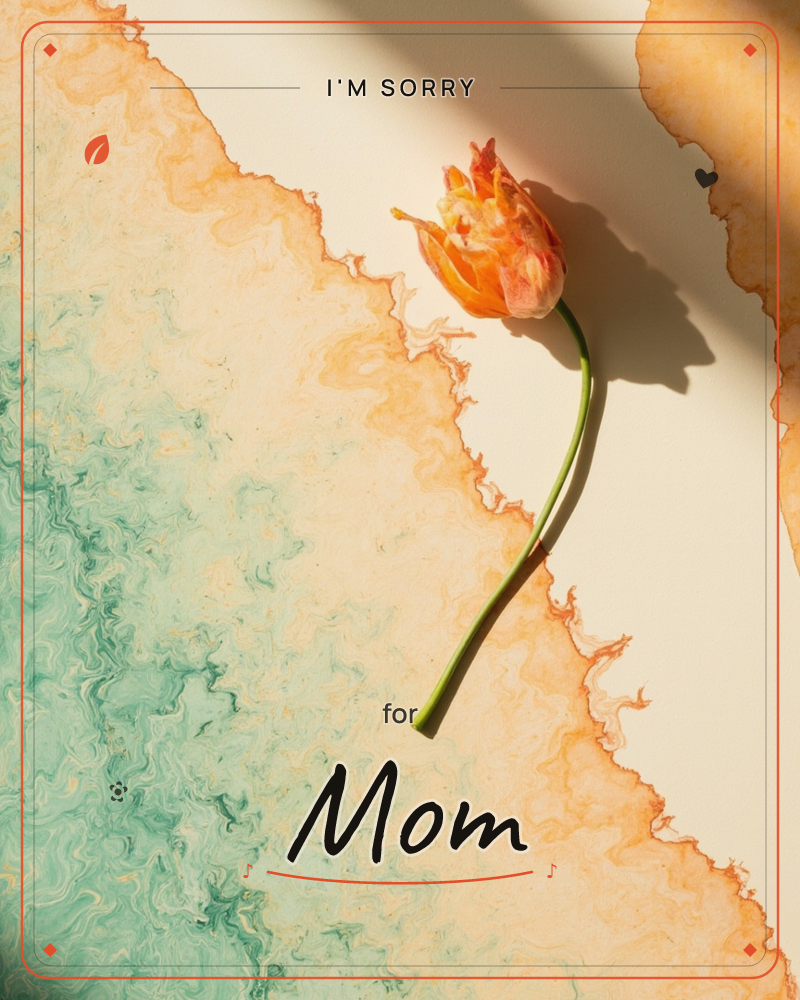A single peach-orange tulip with a gently curved stem rests atop torn sheets of marbled paper in swirling teal and rust tones, a sorry e-card design