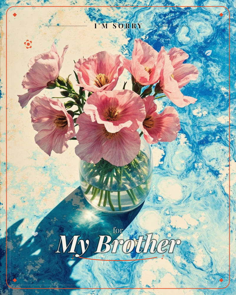 A round glass vase of pink poppies sits in bright sunlight atop a swirling blue-and-cream marbled surface, its shadow stretching long and sharp across…, a sorry e-card design