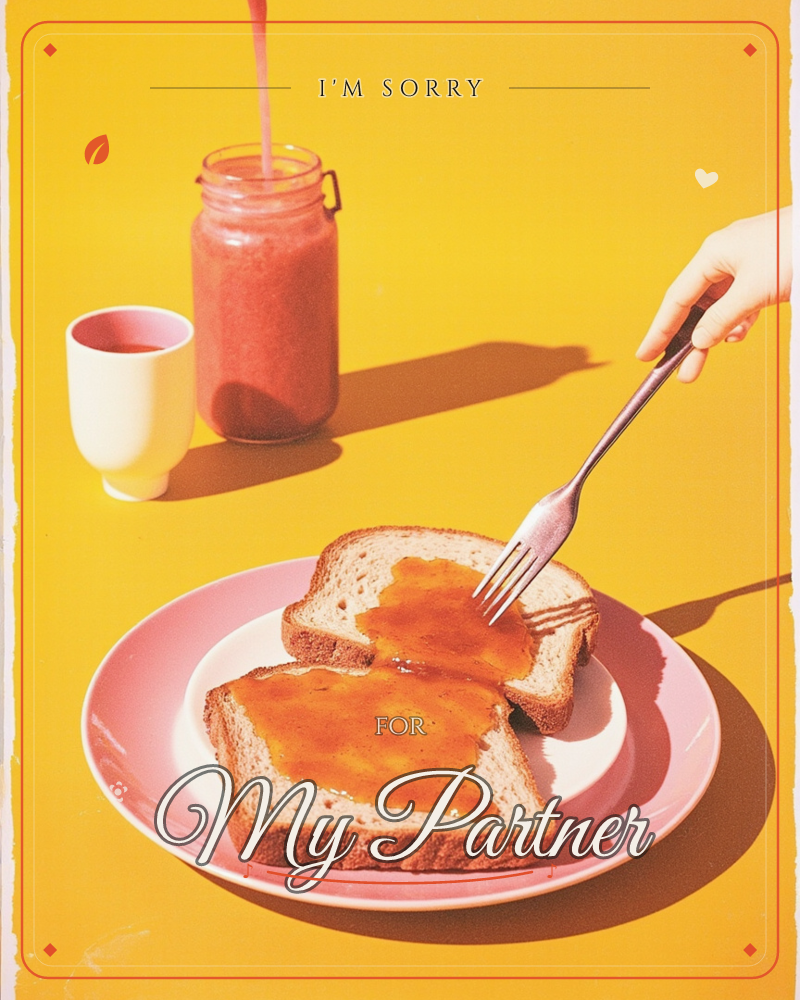 A bright yellow backdrop sets off a pink plate stacked with two slices of jam-soaked toast, a hand reaching in with a fork to spread the jam further, a sorry e-card design