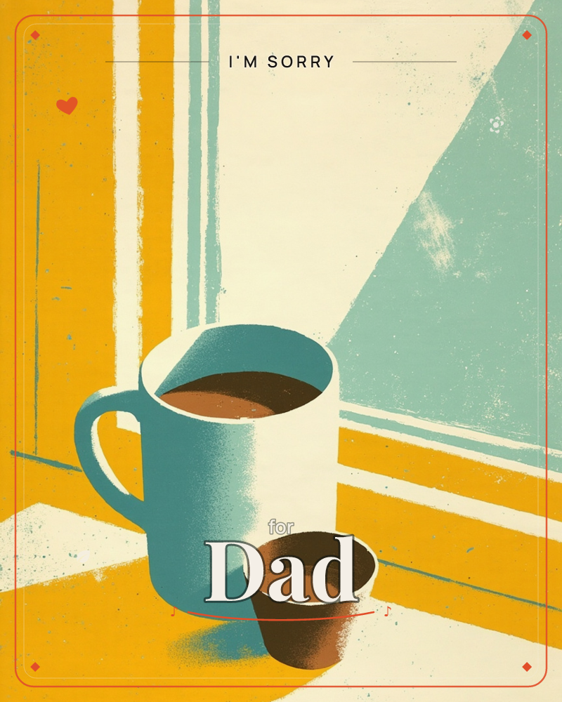 A teal mug of coffee sits beside a small brown creamer cup on a sunlit windowsill, bold mustard-yellow window frames slanting light across the scene, a sorry e-card design