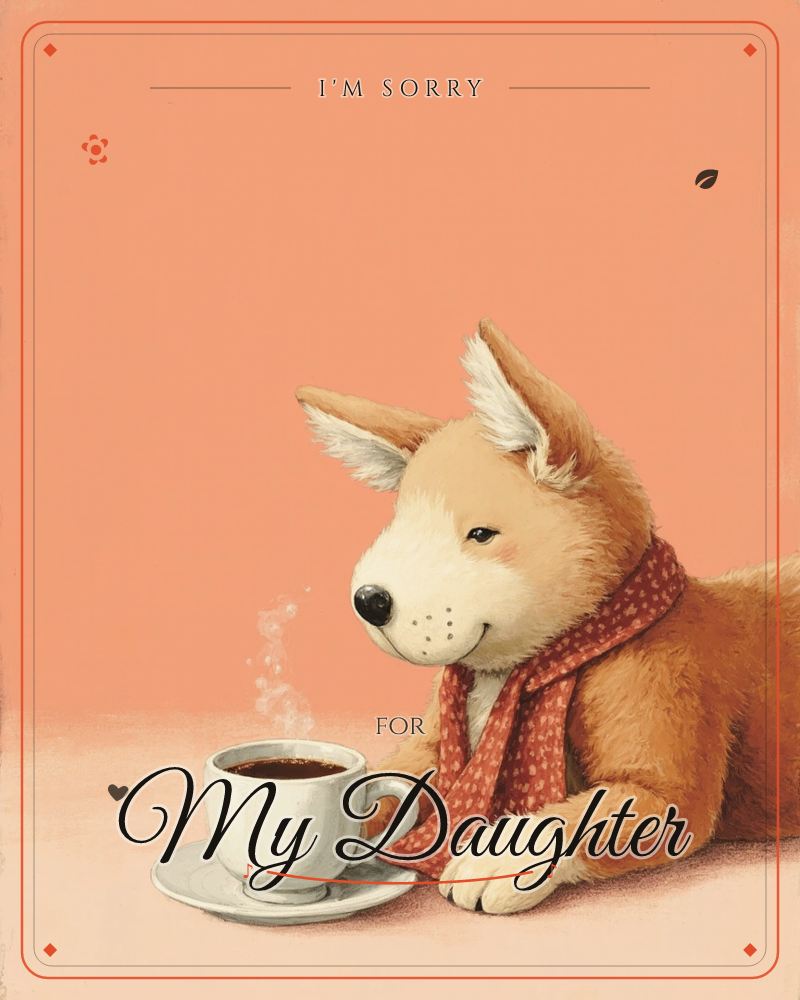 A tan and cream dog with a red polka-dot scarf lies with its paws stretched out, gazing contentedly at a steaming cup of coffee on a white saucer, a sorry e-card design