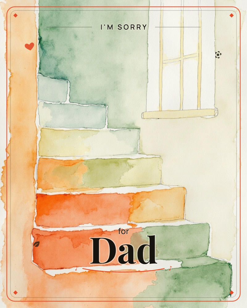A watercolour study of a stone staircase curving upward past a paned window, each step washed in a different sunlit hue from terracotta to sage, a sorry e-card design