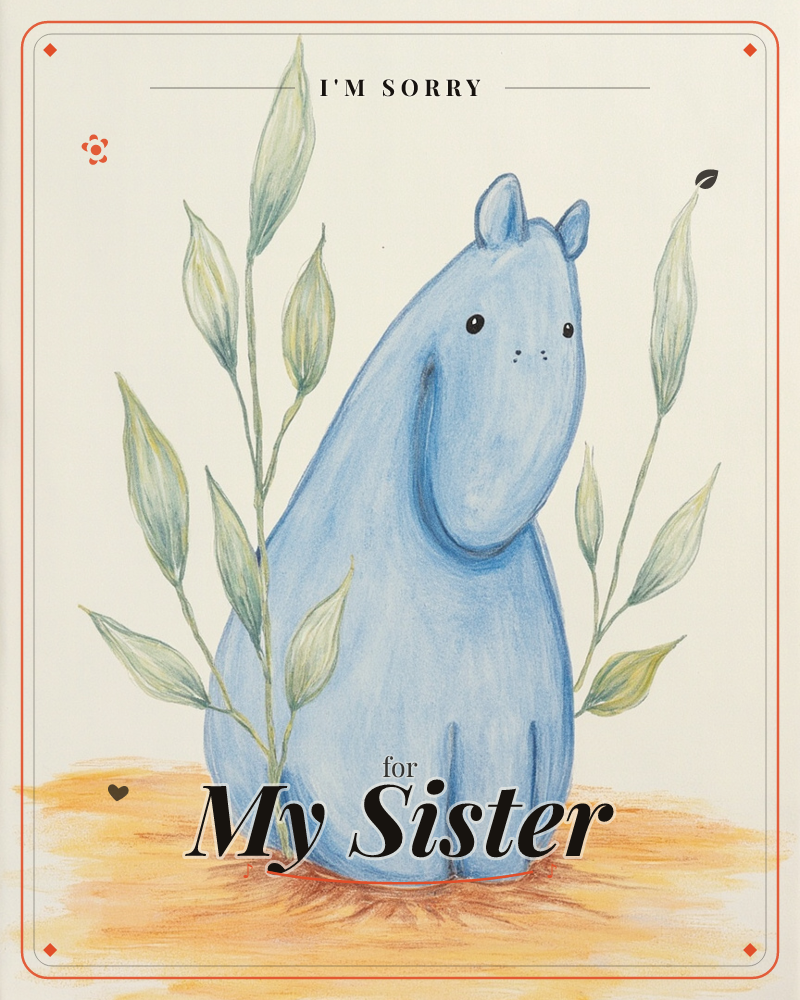 A round, soft-bodied blue creature with tiny ears and a sweet freckled face sits nestled among tall sage-green leafy stems on a warm earthy ground, a sorry e-card design