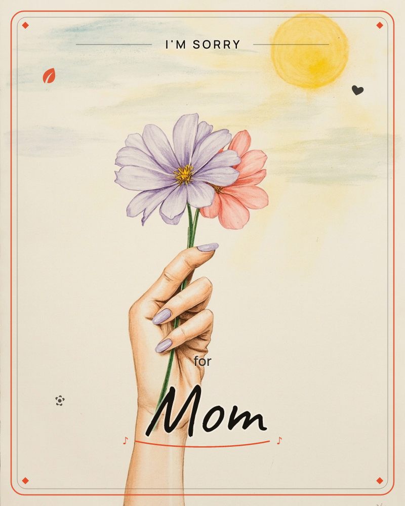 A hand with polished lilac nails rises from the bottom of the page, holding up a purple and a pink daisy against a pale sky, a sorry e-card design
