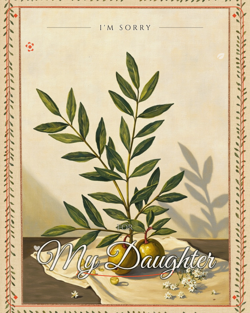 A still-life painting shows two olive-like fruits sprouting leafy branches, standing upright on a draped linen cloth against a warm cream wall, a sorry e-card design