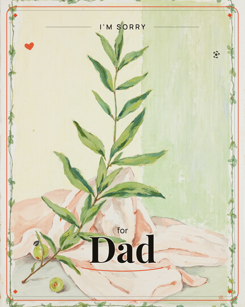 A single leafy branch with two small green olives rests against a draped peach-toned cloth, set before a two-tone cream and pale green background, a sorry e-card design