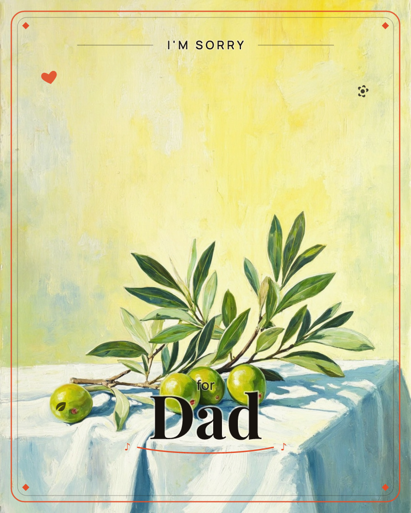 A sprig of olive branches lies across a white draped tablecloth, its slender leaves fanning outward as green olives rest scattered along the fold, a sorry e-card design