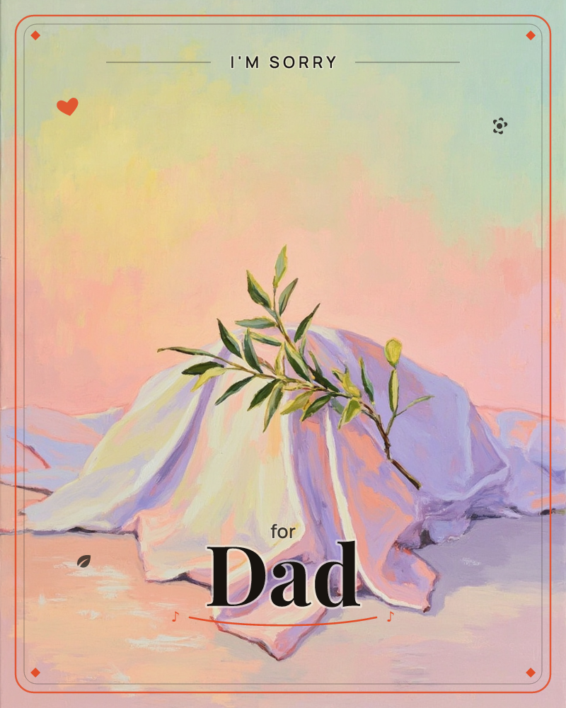 A soft mound of draped fabric sits centre stage, its folds catching light in shades of cream, lilac and blush pink, a sorry e-card design