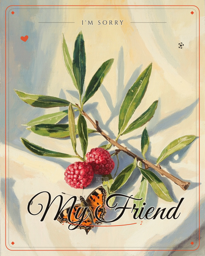 A single leafy branch with two clustered pink-red berries lies across a softly draped cream cloth, painted with careful botanical detail and warm, even…, a sorry e-card design