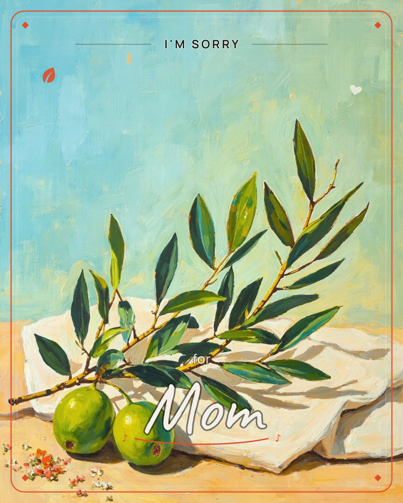 A leafy olive branch rests diagonally across a rumpled white cloth, with two green olives fallen at its base and a scatter of tiny wildflowers in the…, a sorry e-card design