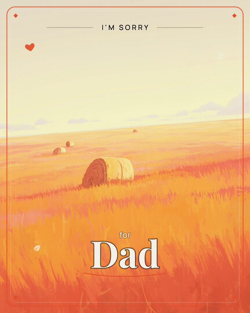 A wide golden field stretches beneath a pale, hazy sky, dotted with round hay bales scattered toward the horizon, a sorry e-card design