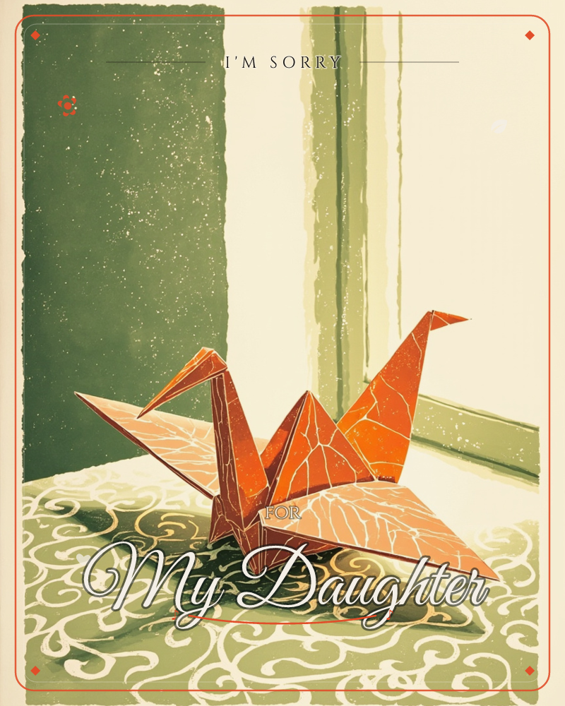 A single orange-red origami crane sits folded on a patterned cloth surface, its sharp creases and cracked-texture paper catching the light near a…, a sorry e-card design