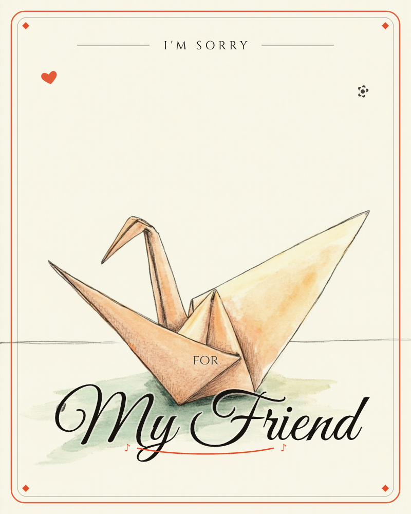 A single origami crane sits on a bare horizon line, its paper folds rendered in warm peach and amber watercolour with fine pencil creases, a sorry e-card design