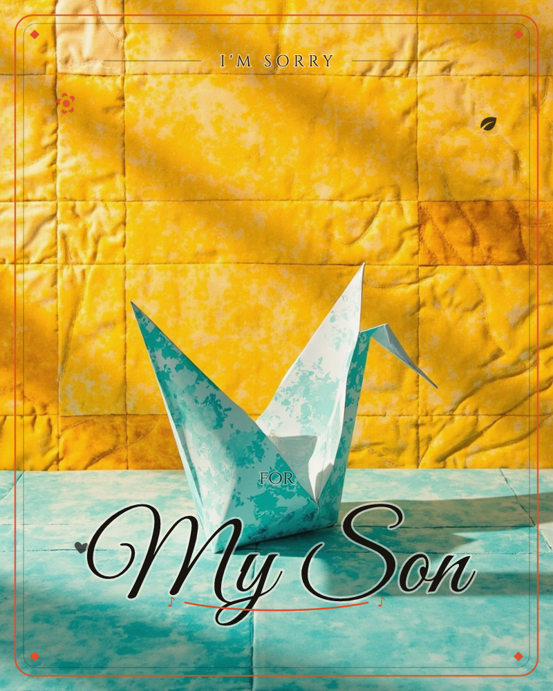 A single origami crane folded from mottled turquoise paper sits on a matching turquoise tiled surface, set against a quilted golden-yellow patchwork…, a sorry e-card design