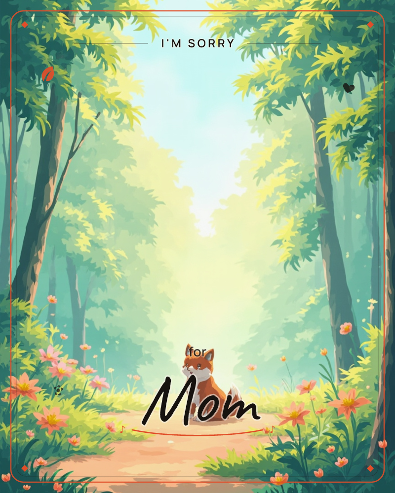 A young fox sits alone on a sun-dappled forest path, flanked by tall trees arching overhead and clusters of pink and orange wildflowers along the edges, a sorry e-card design