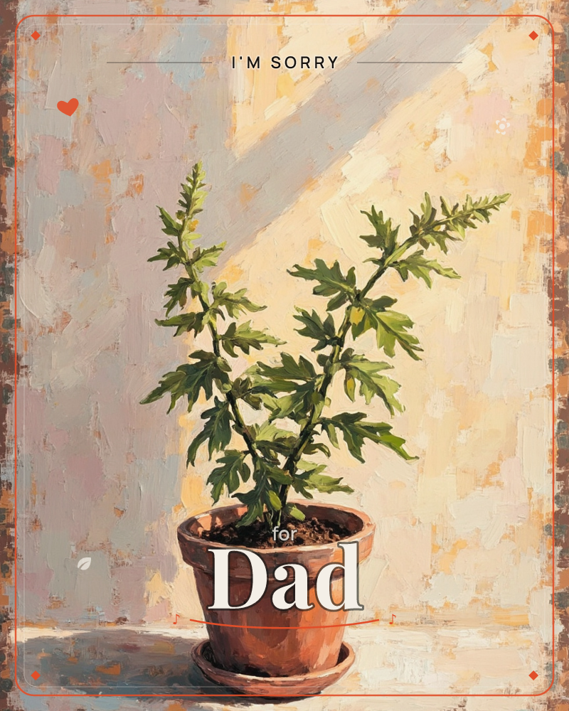 A terracotta pot holds a young leafy plant with jagged, oak-like leaves reaching upward, set against a warm, sunlit wall painted in loose brushstrokes, a sorry e-card design